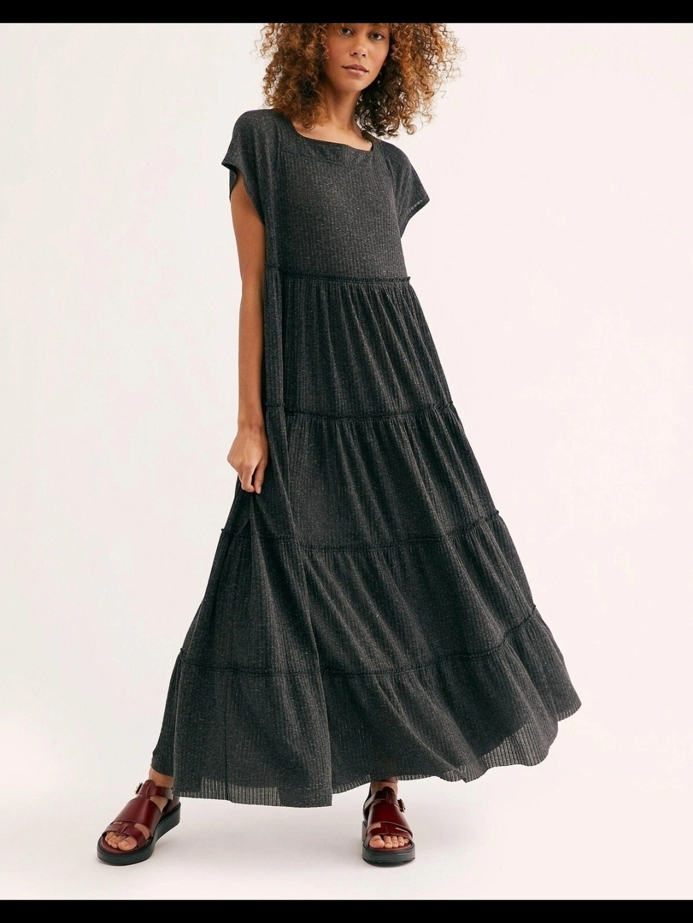 Free People Peach Tiered Square-Neck Maxi Dress